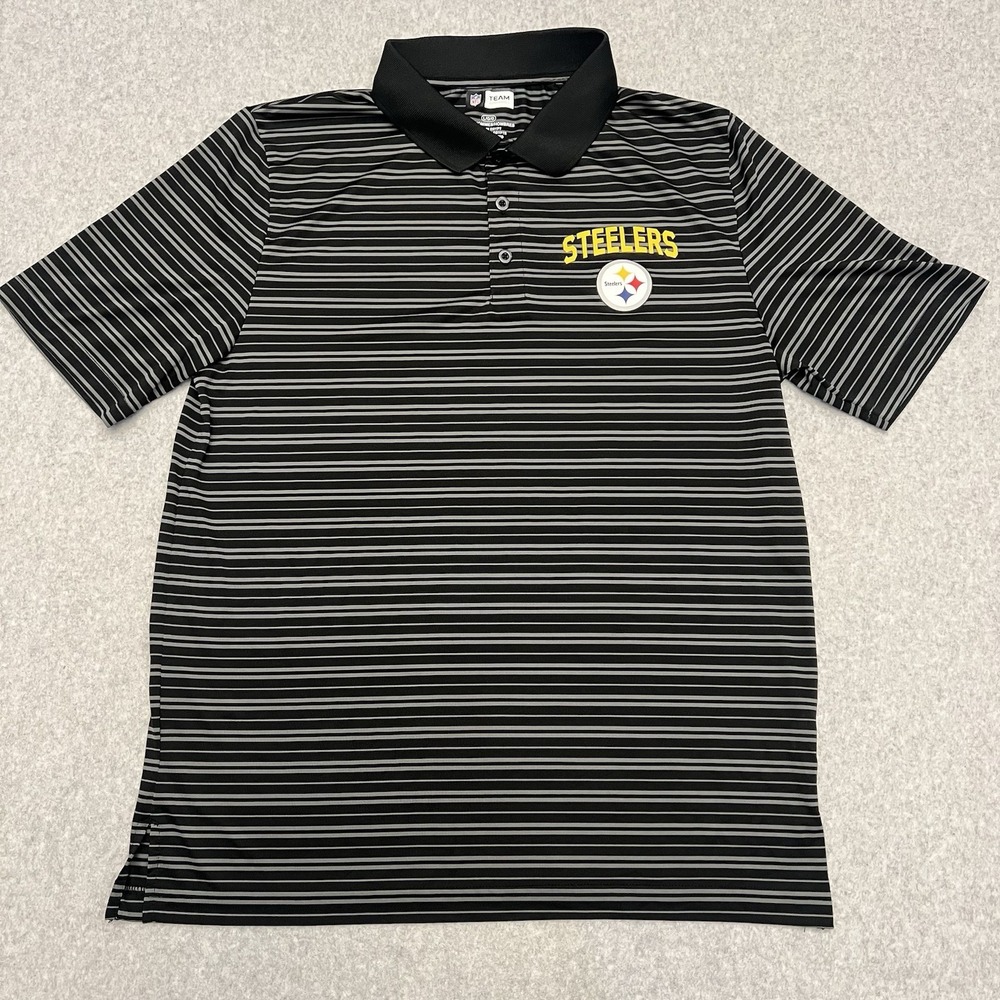 Pittsburgh Steelers Polo Shirt Mens Large Black Gray Stripes Performance Stretch